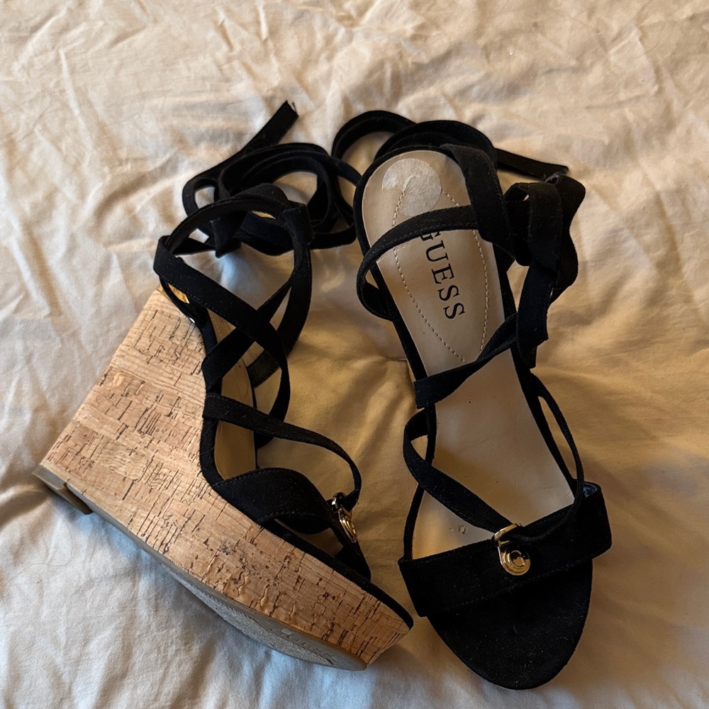 Guess Black and Tan Wedge Sandals